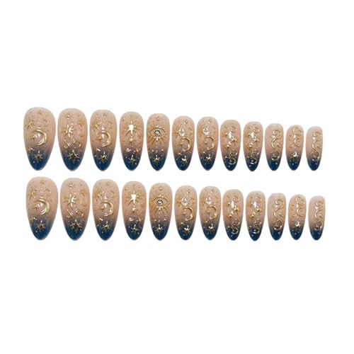 Gold Star Press on Nails Medium Almond Fake Nails Blue Ombre False Style 7
