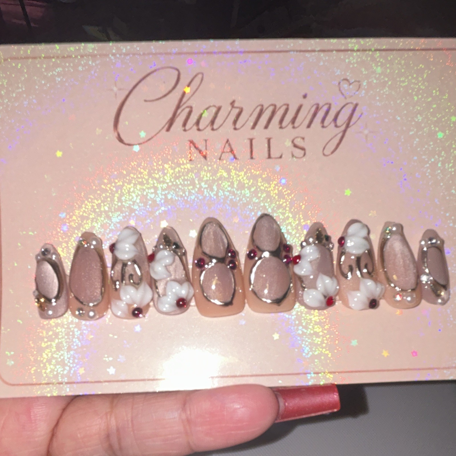 Charming Nails Press-On Nails 3D Floral Pink/White Medium Almond Full Cover
