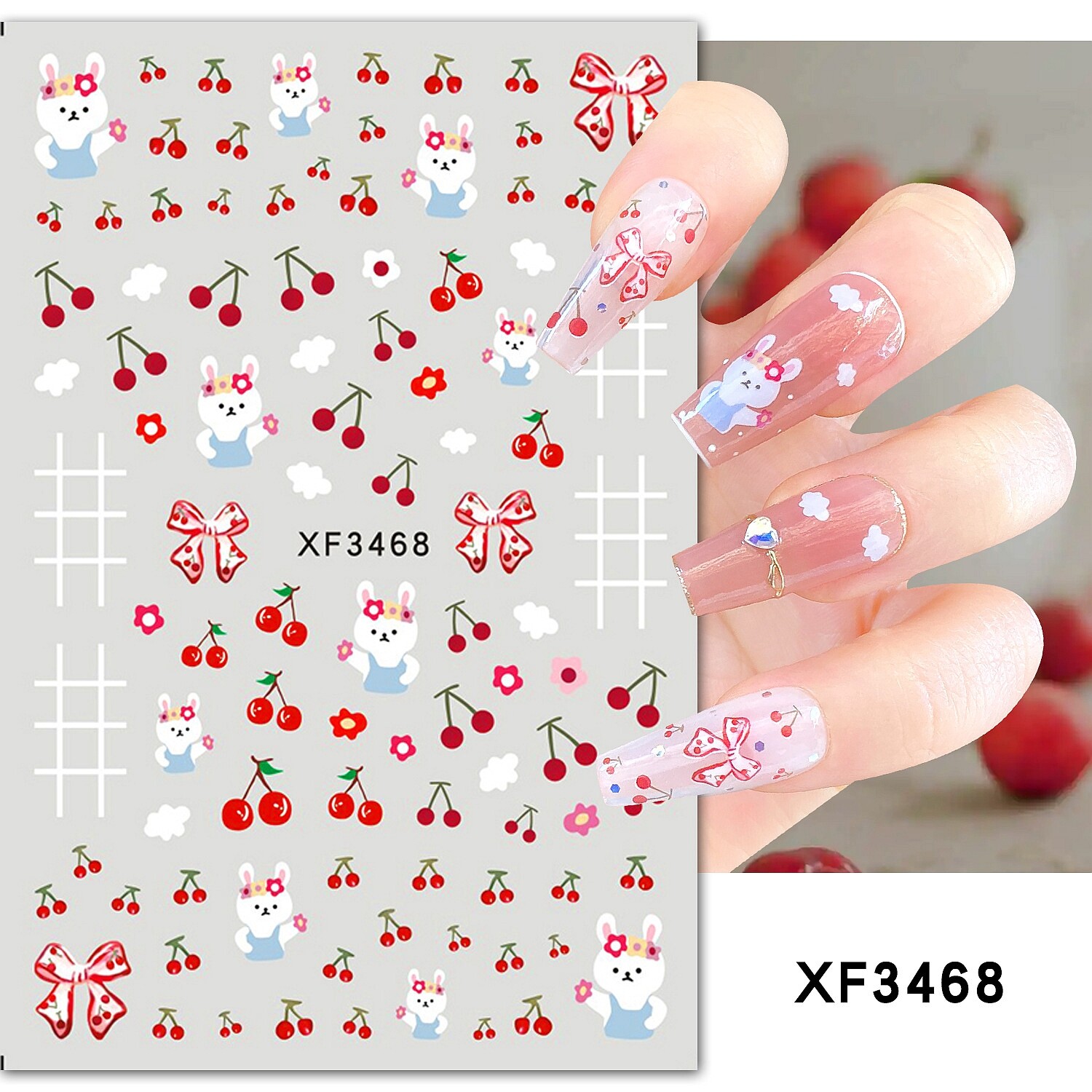 Cherry Flower Nail Stickers Lace Rabbit Heart Love Bow 3D Nail Decals Sticker