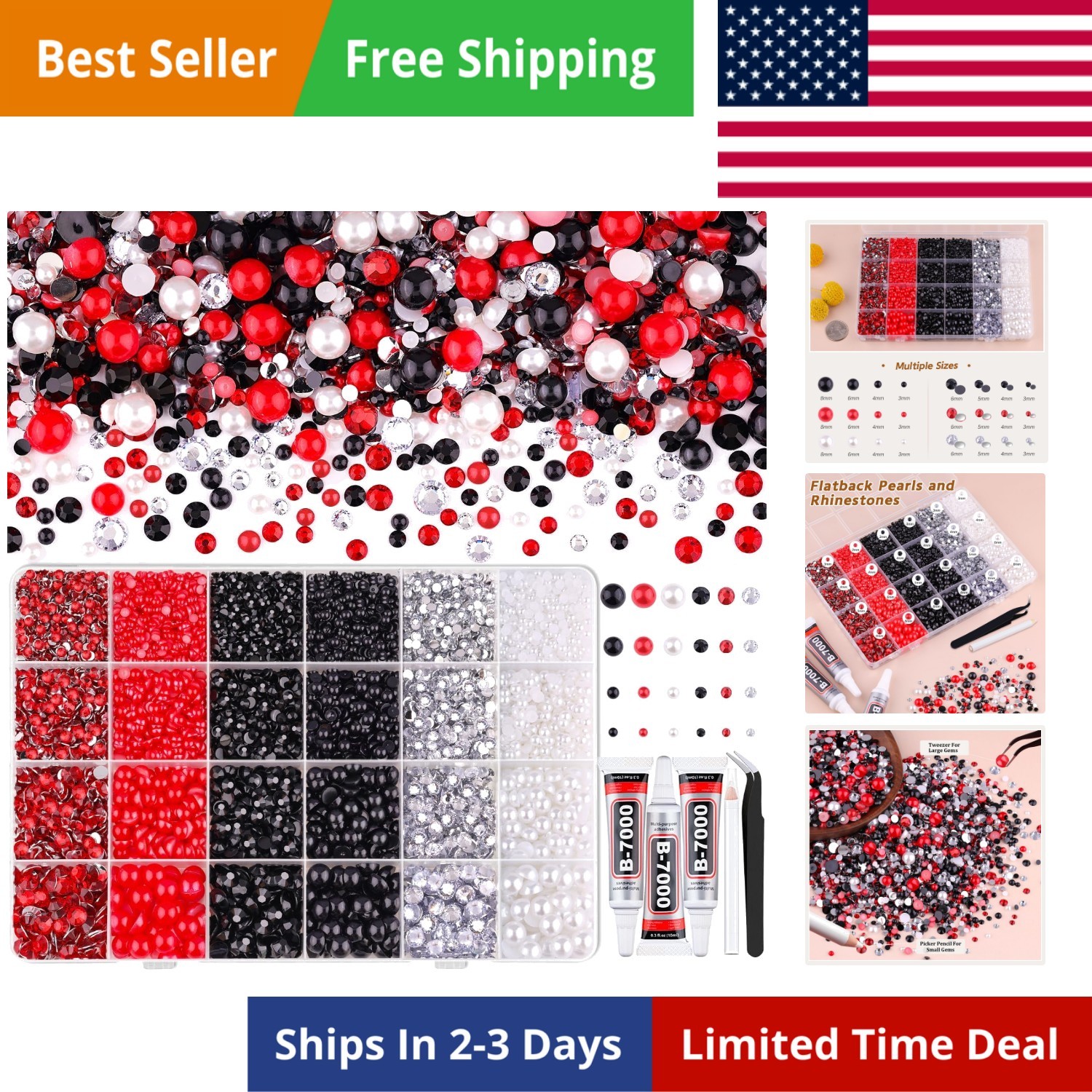 14000PCS Flatback Pearls and Rhinestones for Bedazzling Kit, Red White Black …
