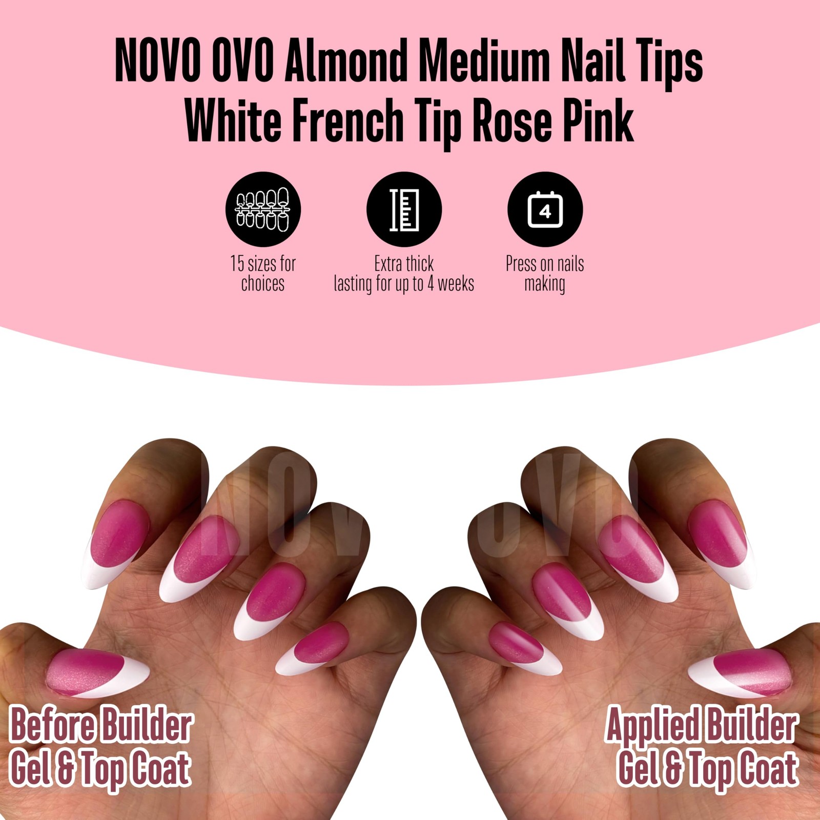 White French Tip Almond Nail Tips Press on ROSE PINK, Extra Thick Medium Soft…