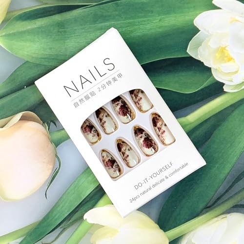 Press on Almond Nails Medium Length Glossy Full Cover Acrylic Rose Floral