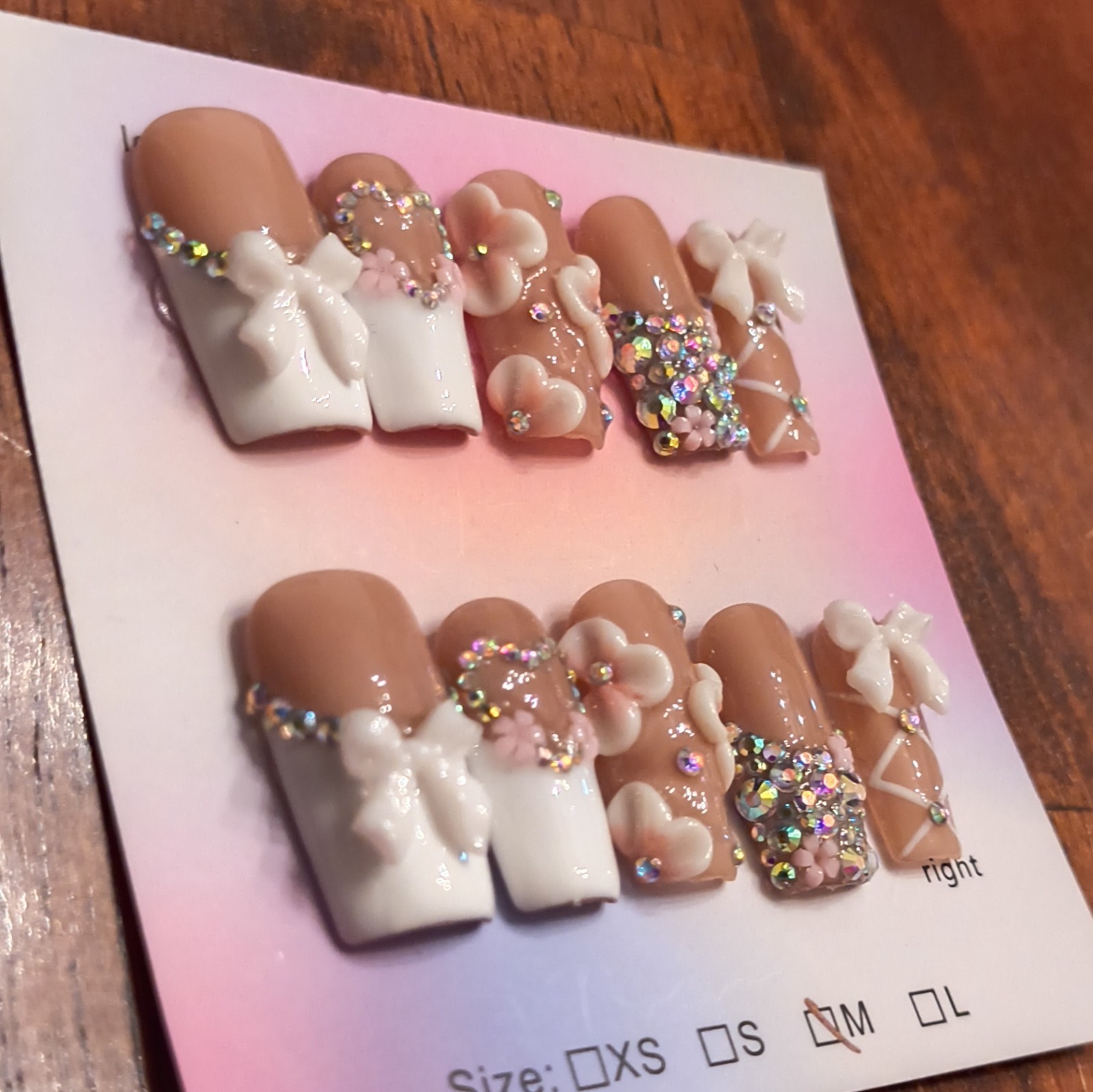 Press-On Nails Medium Square White French 3D Glitter Bow Full Cover