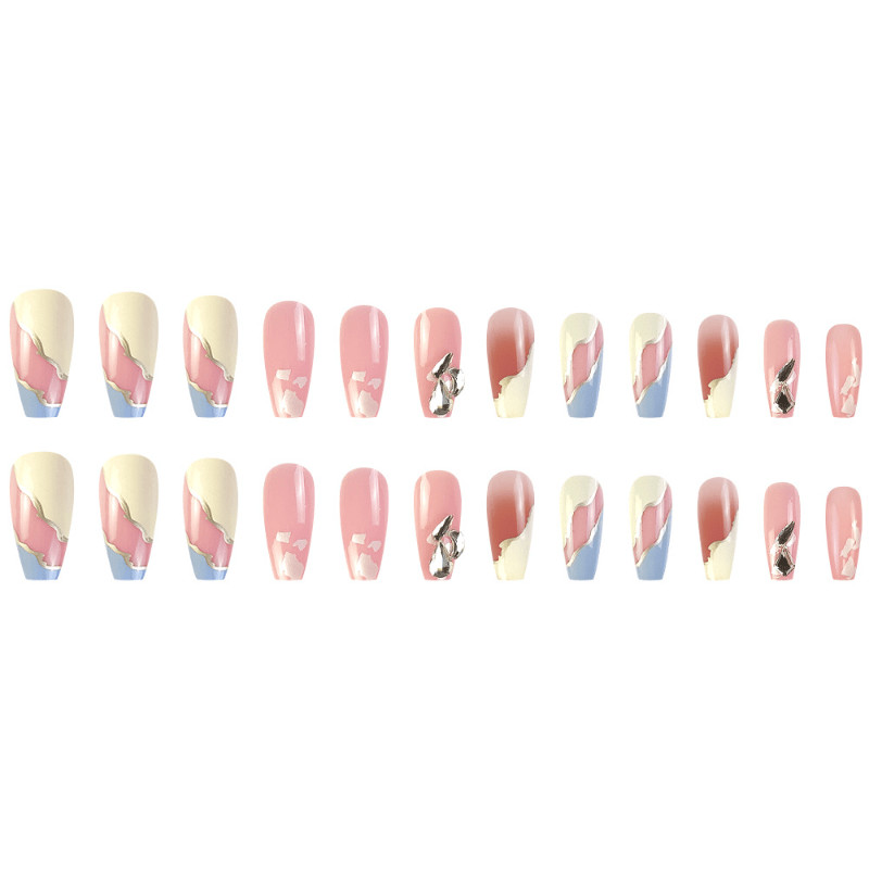 48 Pcs Nude White Blue Press on Nails, Medium Coffin Silver Accent False Nails