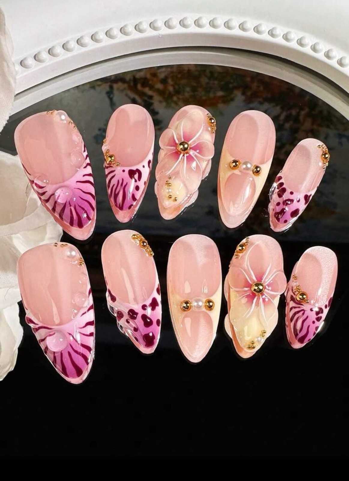 Reusable Medium Almond Press-On Nails Pink White Gold 3D Floral Adhesive