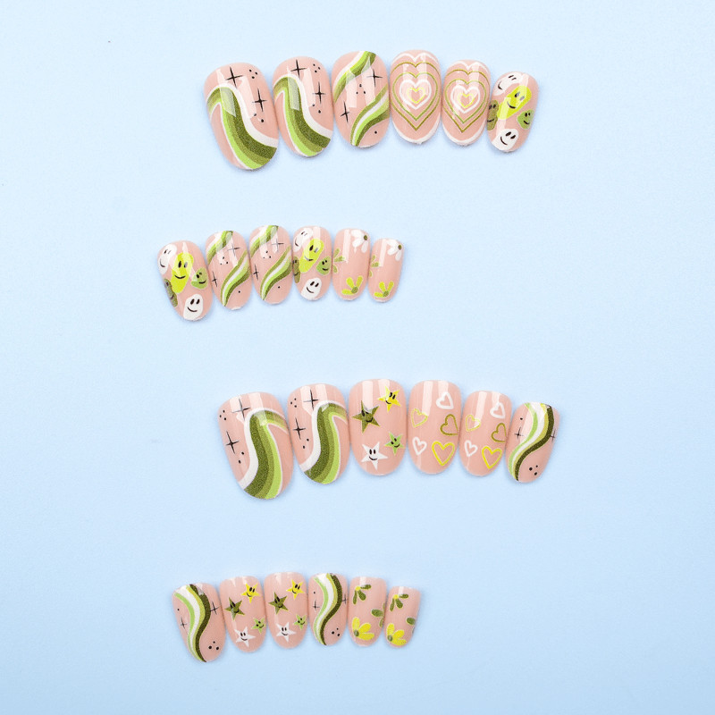 48Pcs-Long Almond Nude Green Swirl Heart Star Smiley Face Press on Nails Set