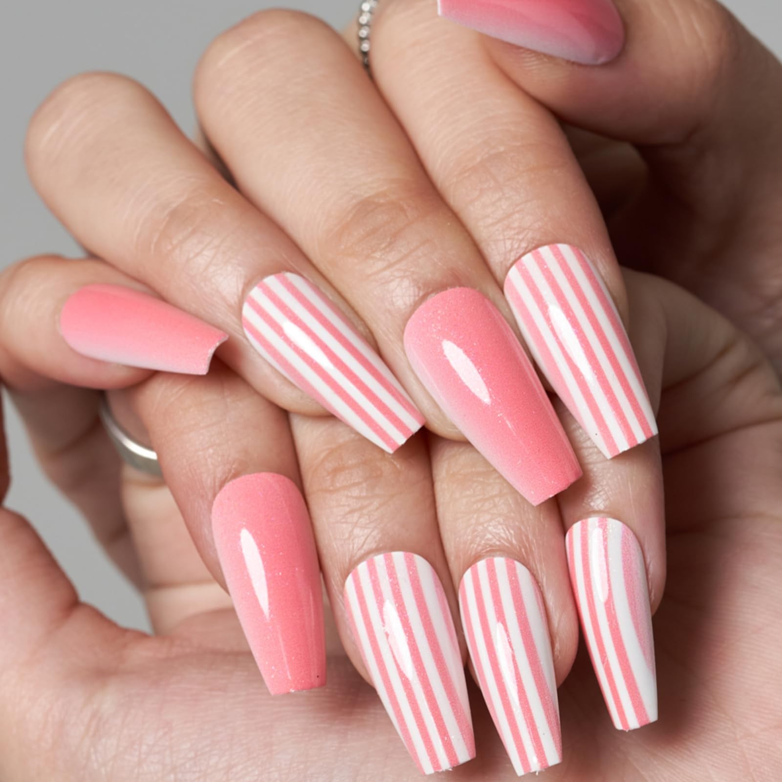 Press on Nails Coffin Long, Winter Pink Medium Length False Nails with Design…
