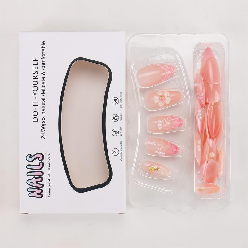 24Pcs Pink Floral Press on Nails Short Almond Fake Nails with 3D Flower Design G