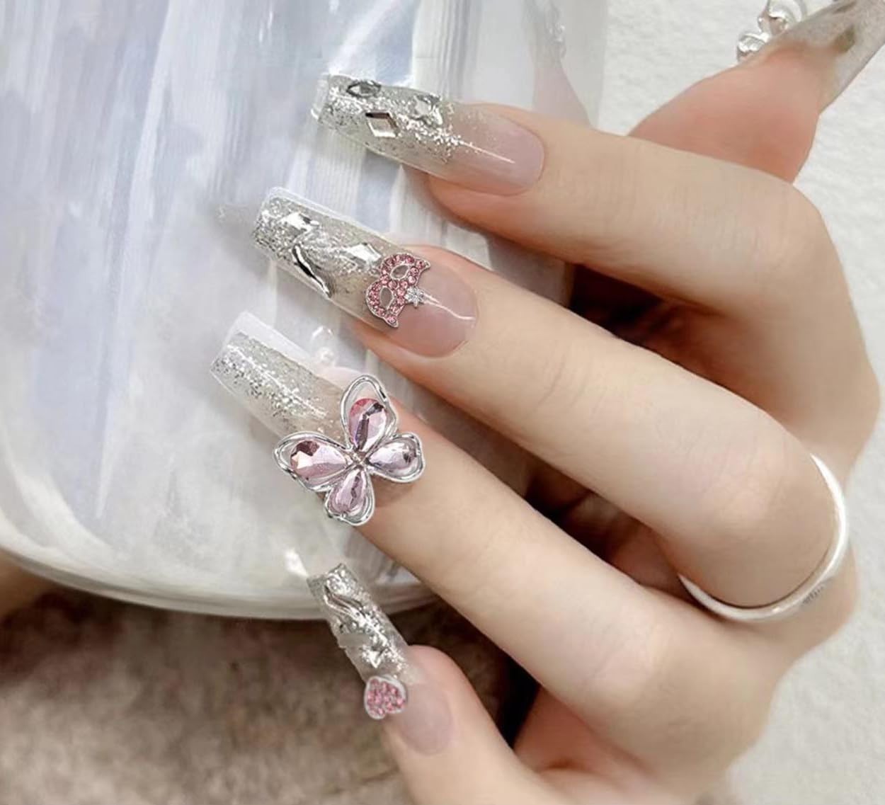 60 Pcs Heart Nail Charms & Pink Butterfly Rhinestones – DIY Nail Art Gems & Acce