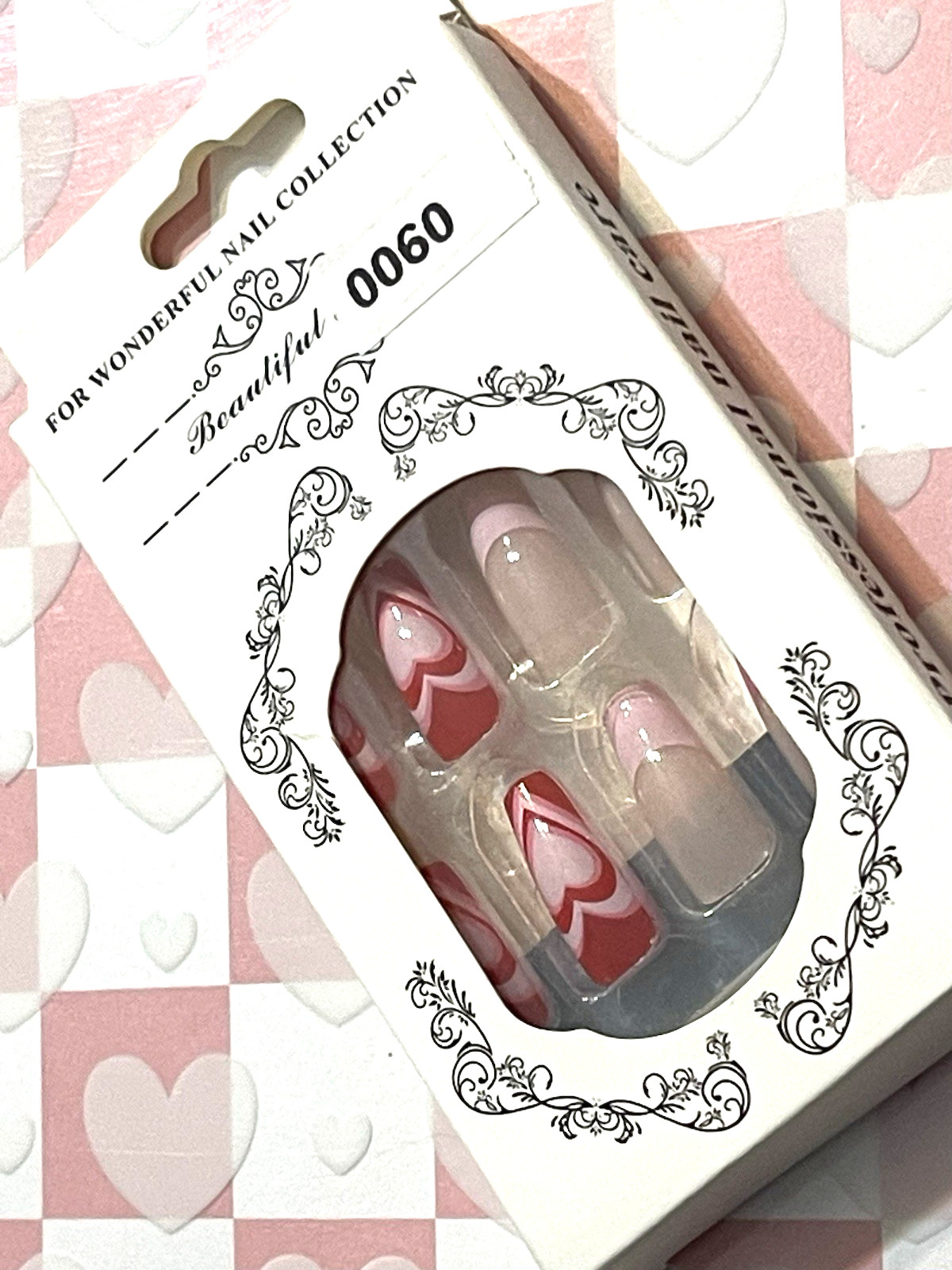 For Wonderful Nail Collection NUDE with PINK & RED FRENCH TIP & HEART DETAILS
