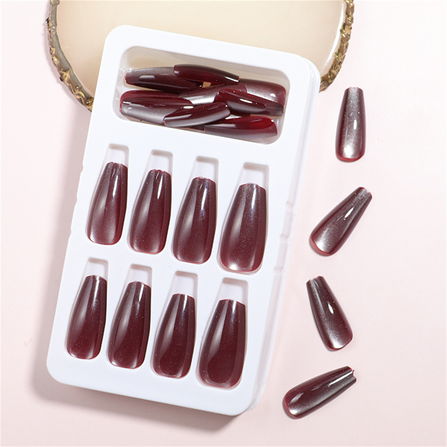 24pcs Wine Red Cat’s Eye Press-On Fake Nail Medium Coffin Sparkling Manicure