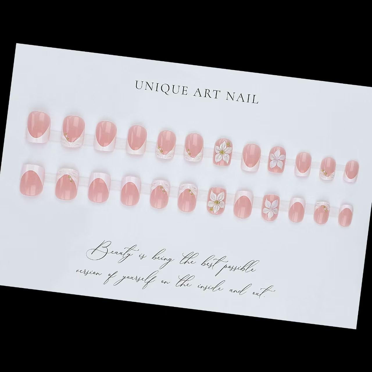 White Shell French Tip Press on Nails Medium Square Fake Nails with Pink Flow…