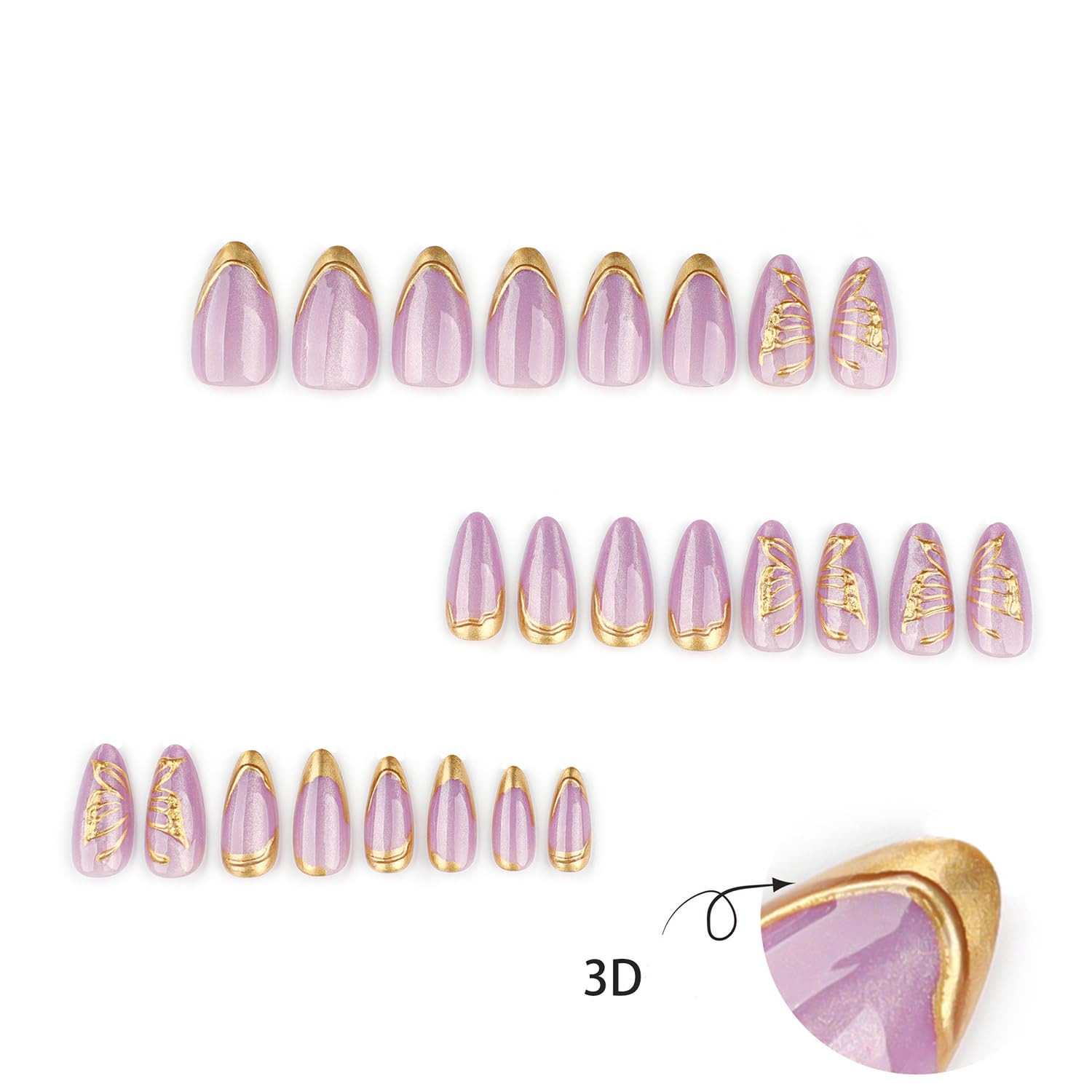 Butterfly Press on Nails Purple Almond Medium Fake Nails with Gold Accents and W