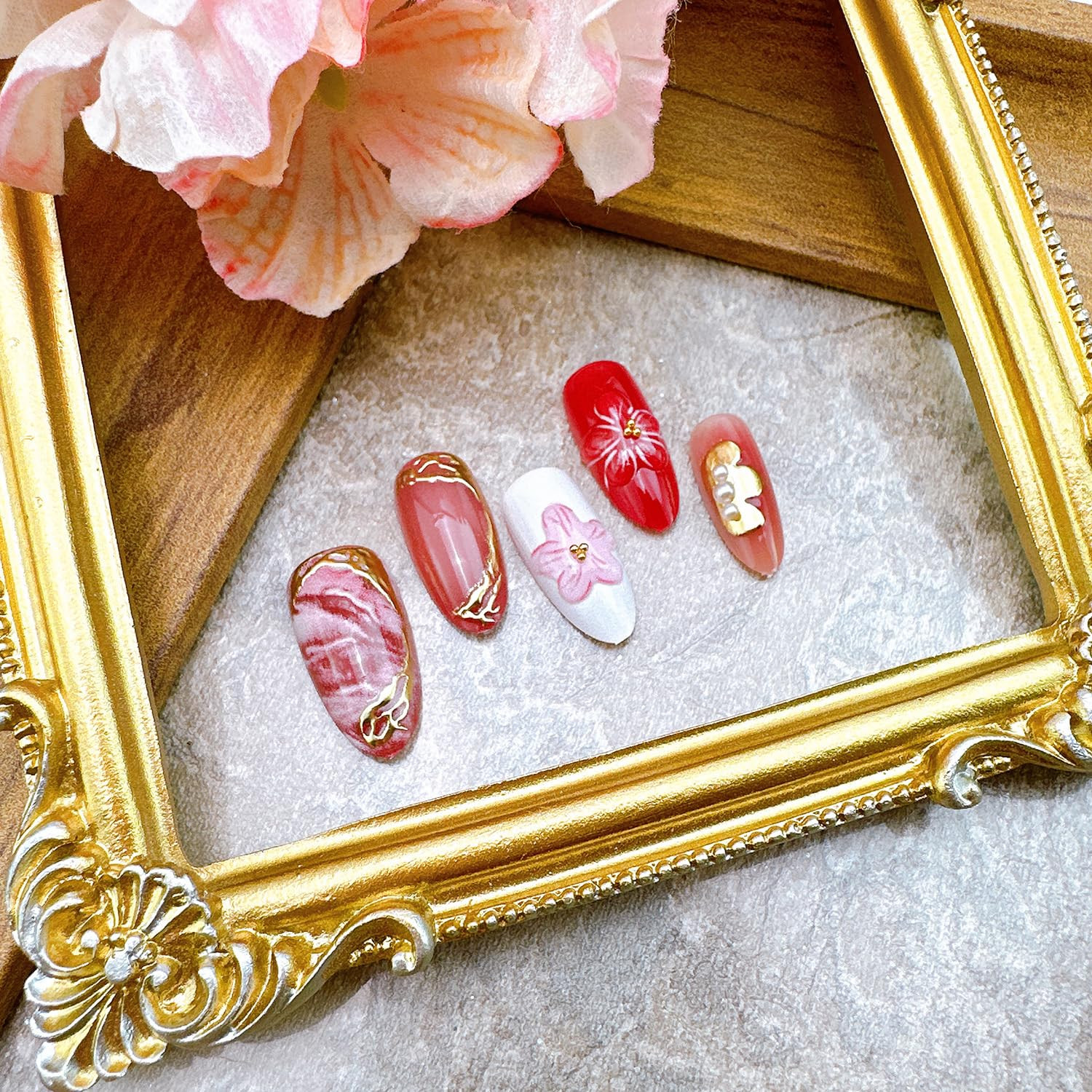 30Pcs Pink Press on Nails Medium Almond Fake Nails with Gold Beads 3D Flower Acr