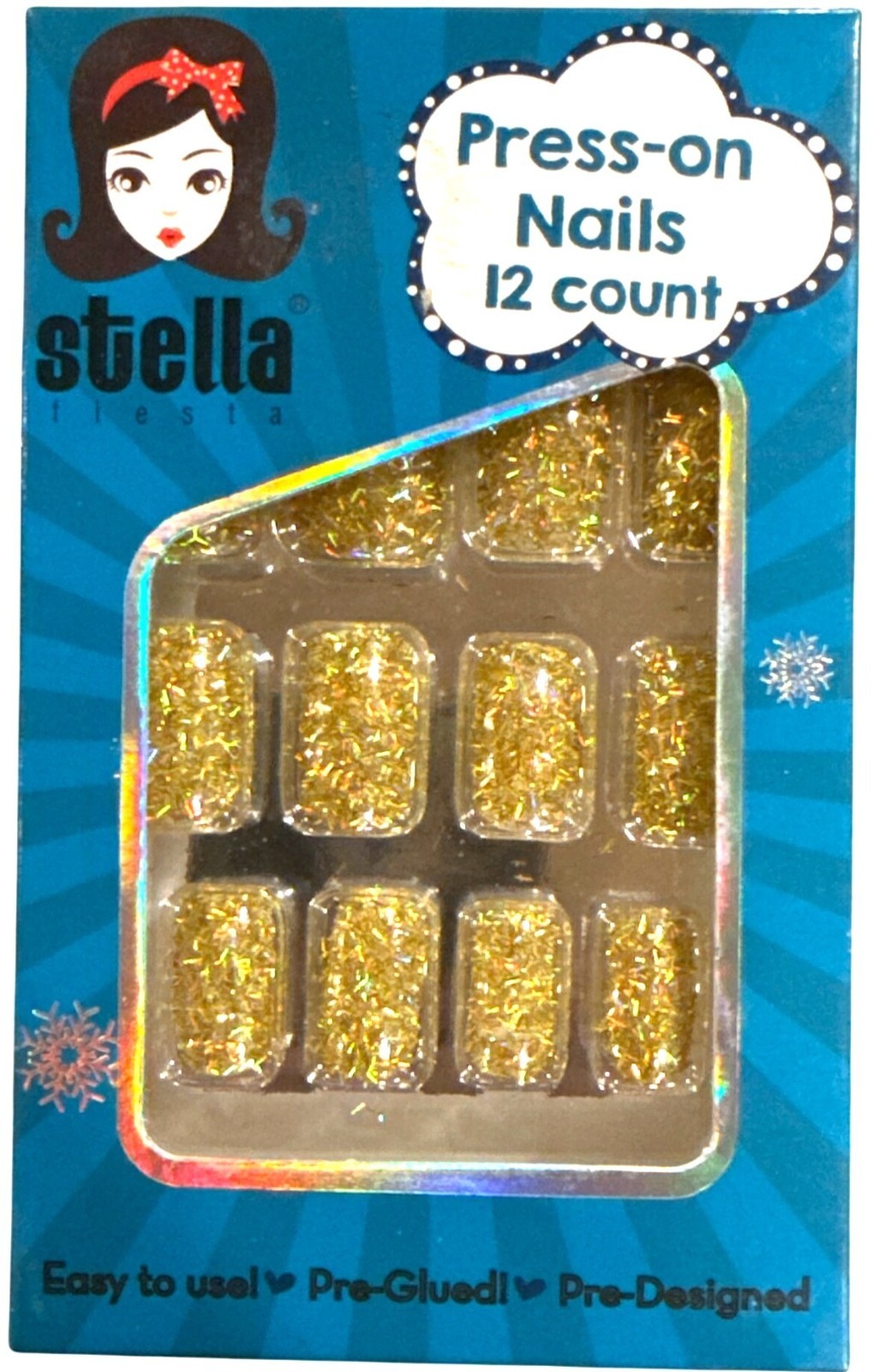 STELLA Press-On 12 Nails Medium SQUARE Glitter+Tinsel Holographic GOLD Dazzling