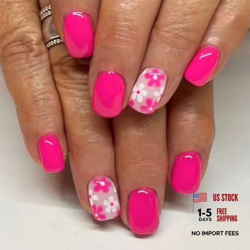 Hot Pink Press on Nails Square Fake Nails Flowers Short Hot Pink Flower Designs