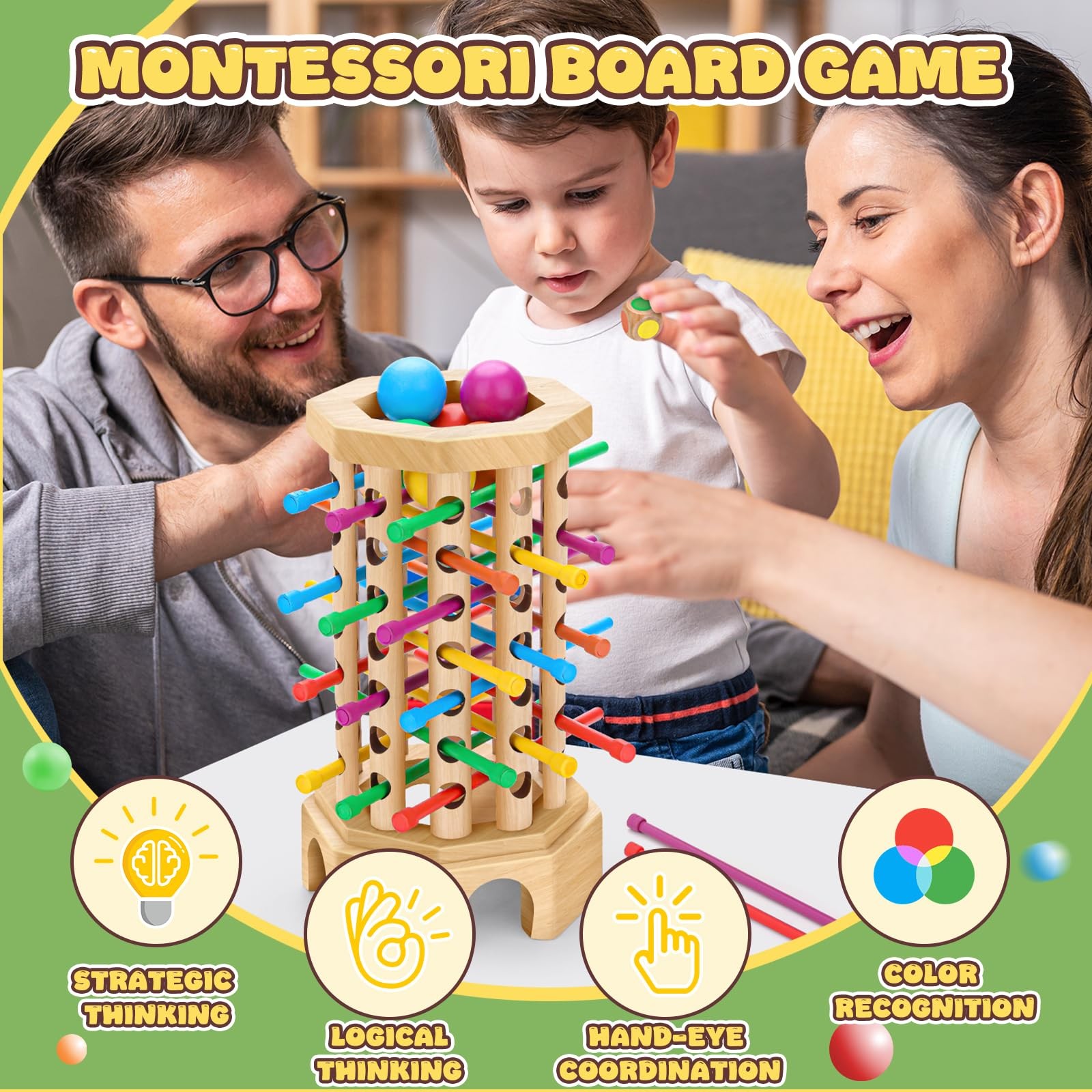 Montessori Wooden Board Game for Kids 3-6 12 inches x 5 inches, Colorful