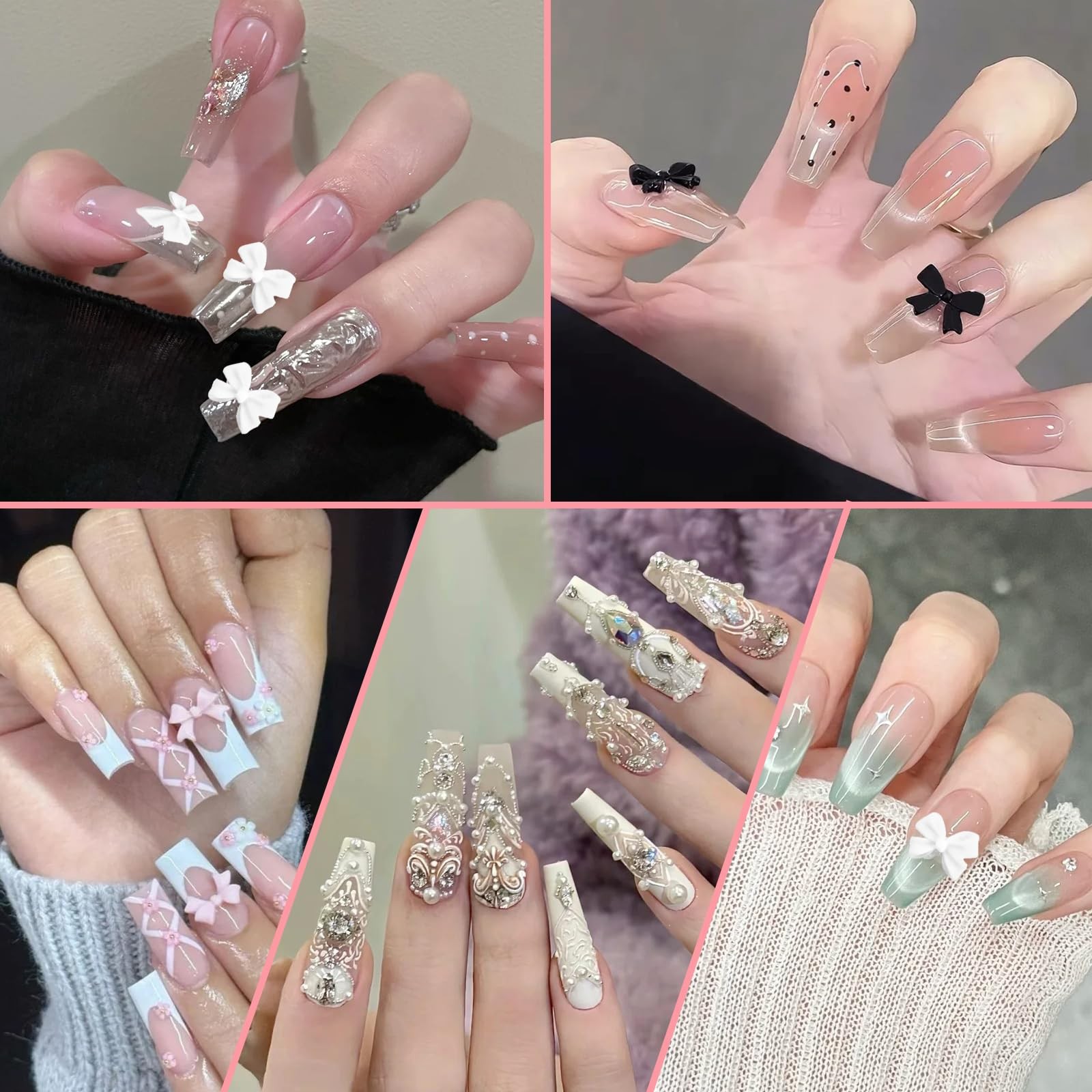 300Pcs 3D Bow Nail Charms Flatback Pearls Black White Pink Manicure DIY