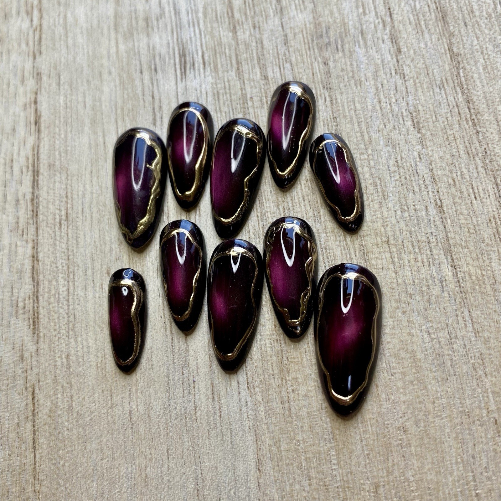 Molten Merlot Press On Nails | Burgundy Cat Eye Nails | Gold Chrome Outline