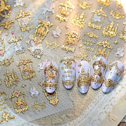 Gold Nail Stickers Horse Nail Decals Carousel with Design 5D Gold Horse