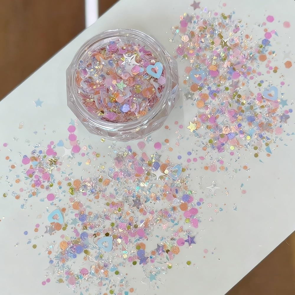 2 Boxes Colorful Heart Star Glitter for Nails Aurora Pink Nail Glitter Flakes…
