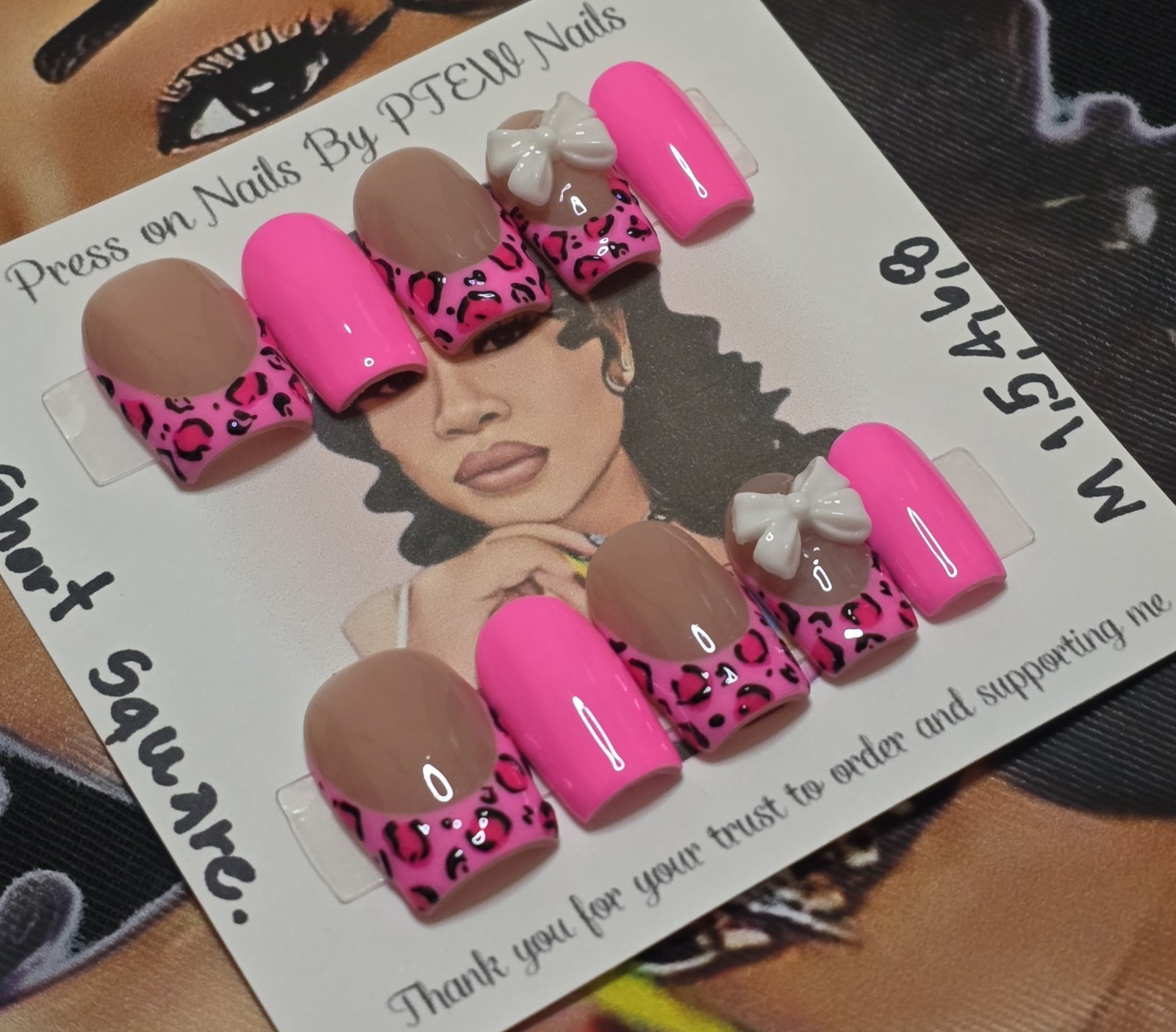 Handmade Press On Nails, Pink Cheetah , Medium Size 1,5,4,6,8 M Short Square