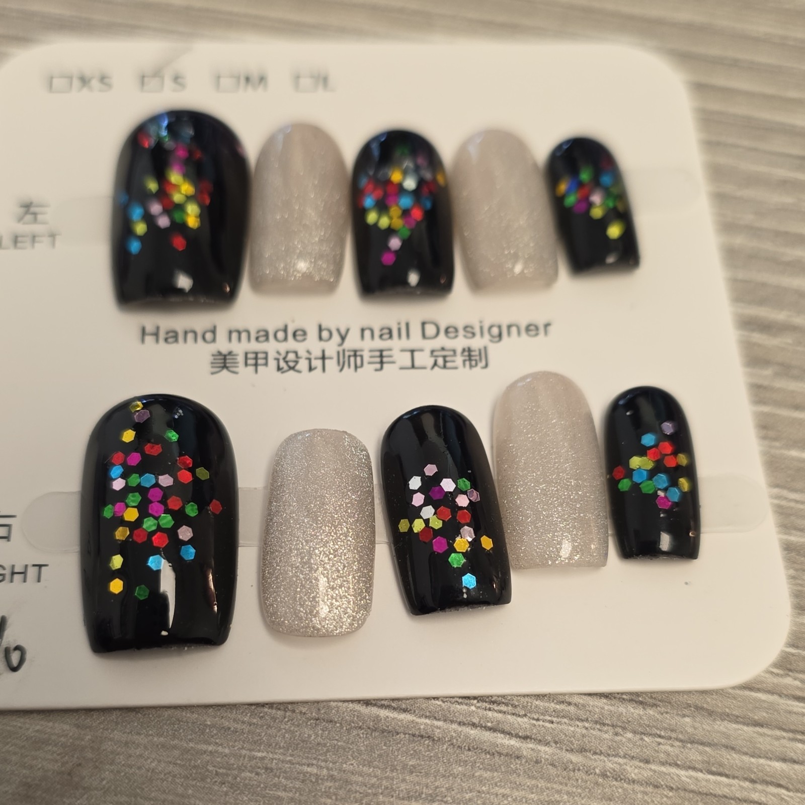 Black Silver Multicolor Glitter Small Square Press-On Nails Set Full Cover