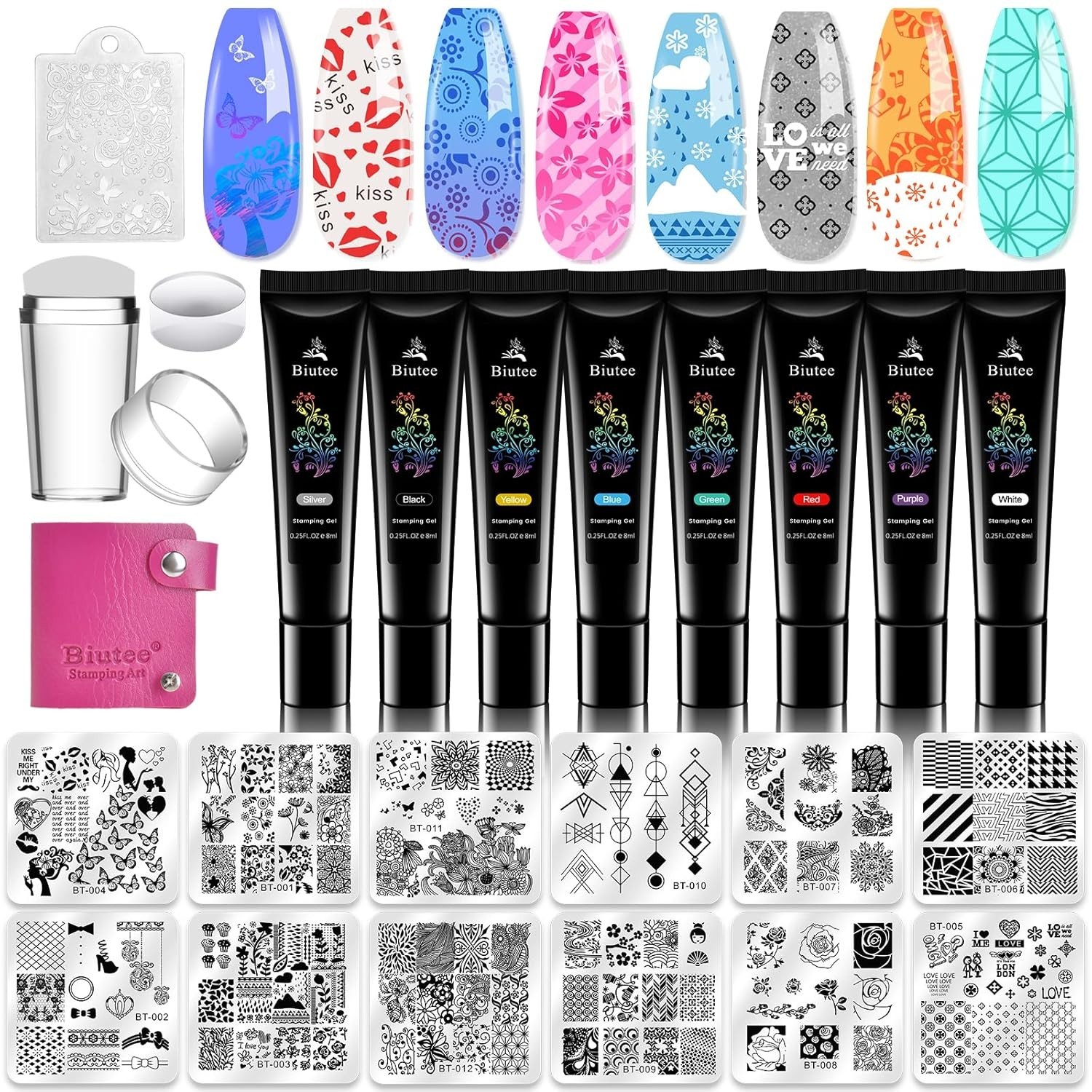 Deluxe Nail Stamping Kit – 12 Plates, 8 Gel Colors, Stamper
