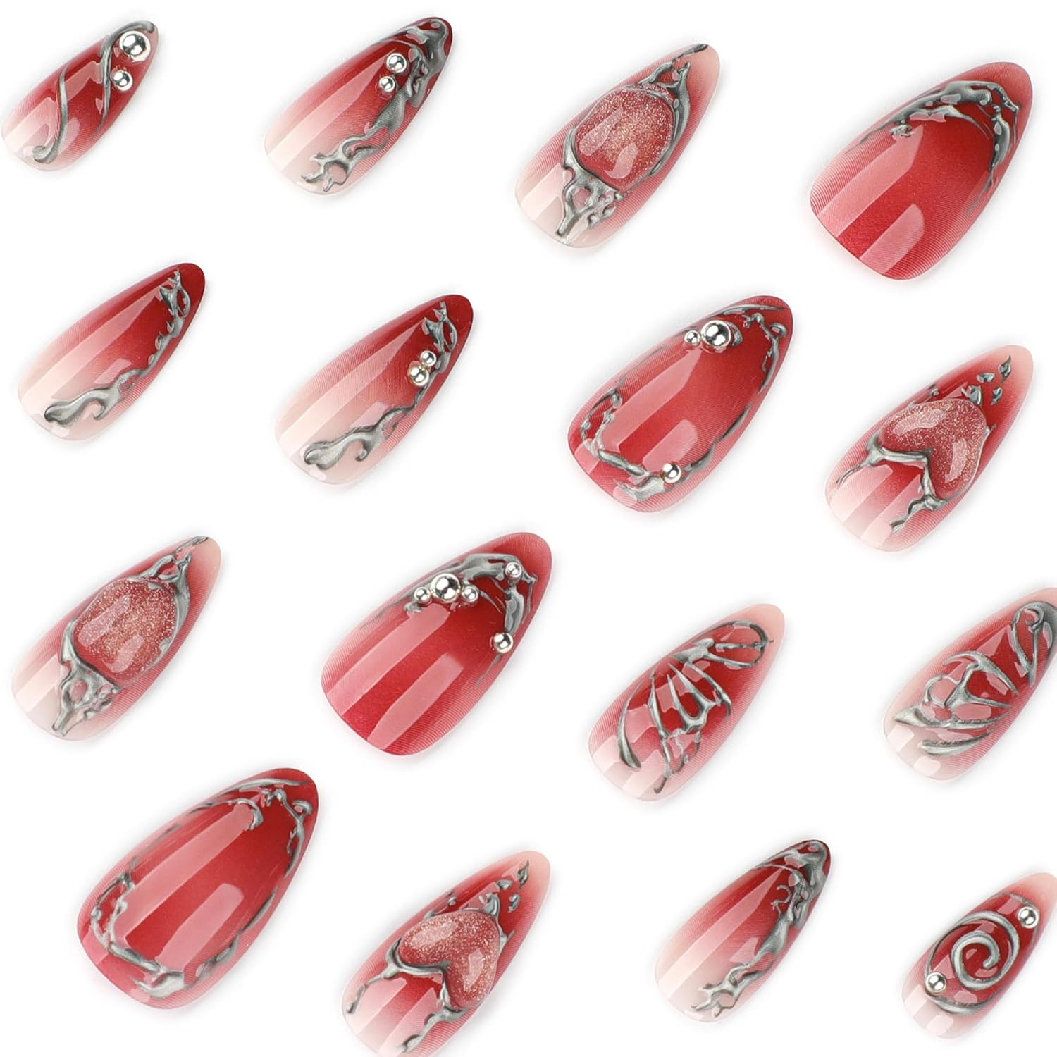 24Pcs Red Y2K Press on Nails Medium Almond Fake Nails Gothic Heart Butterfly Pun