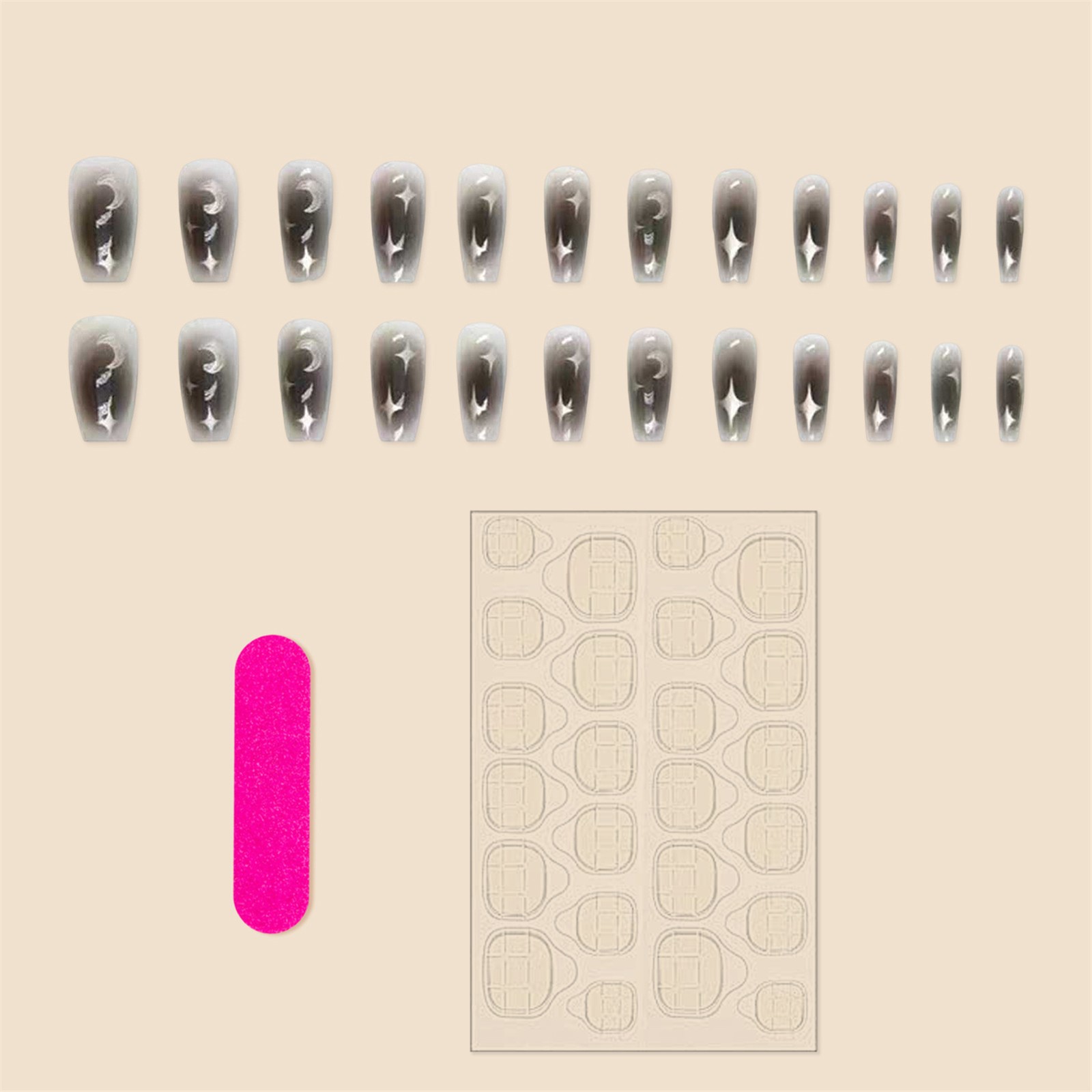 Black Smudging Press On Nail Coffin Fake Nail with Star Moon Printed False Nail