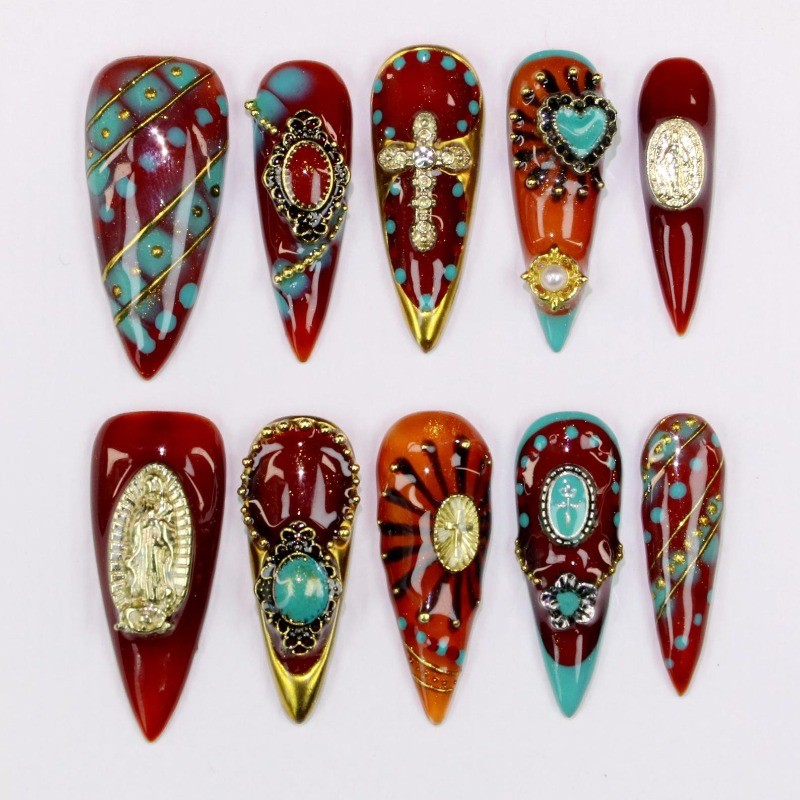 Virgin Cross Handmade Press on Nails Turquoise Red Gold Western Gloss Fake Nails