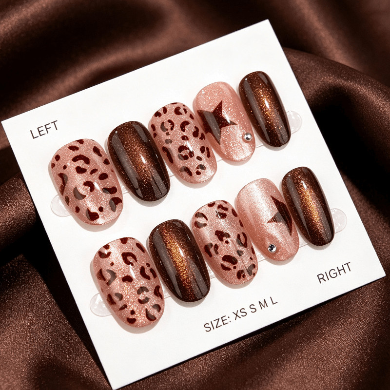 60 Pcs Leopard Star Brown Gradient Oval Press on Nails, Trendy Autumn Fake Nails