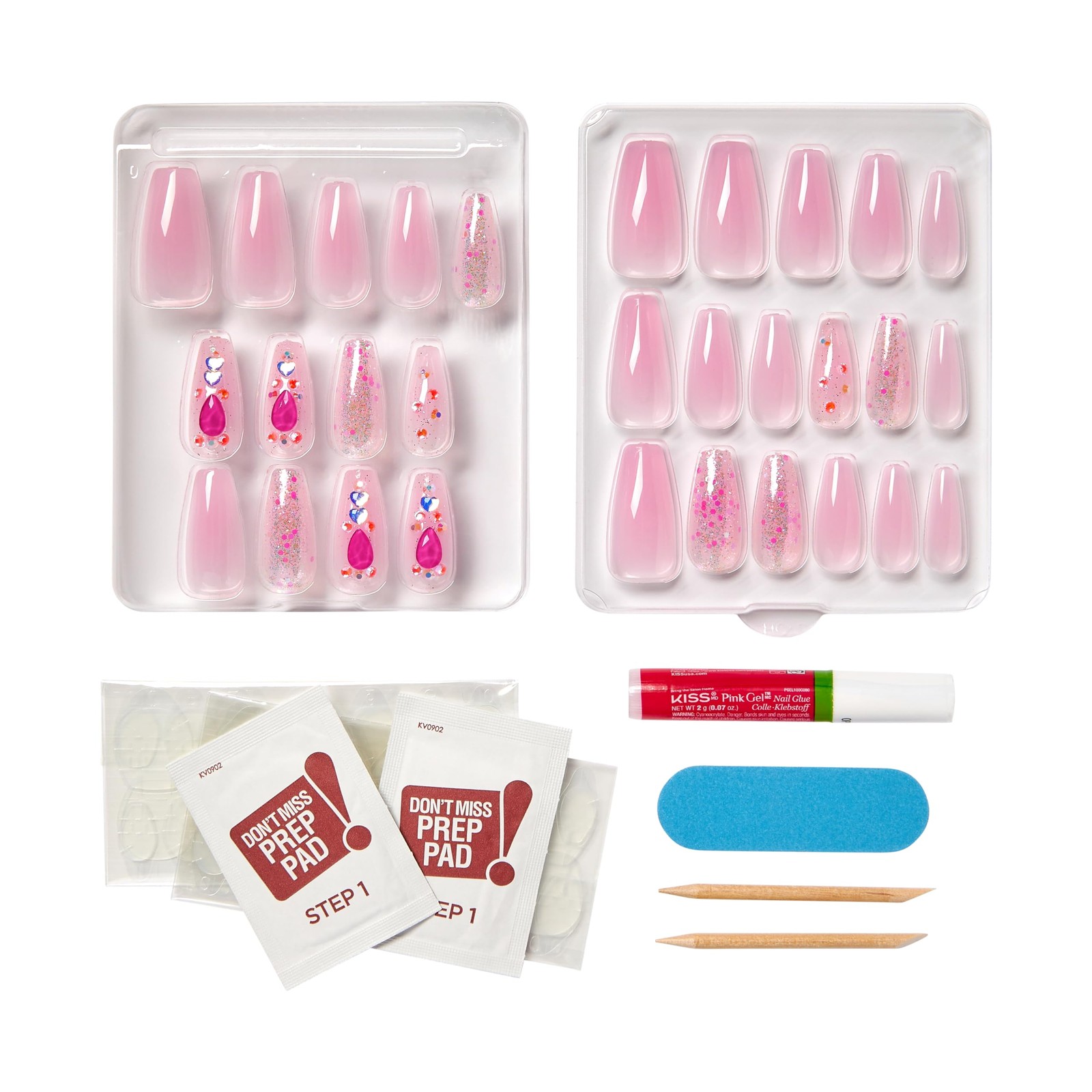 Majestic Press On Nails, Nail glue included, ‘Lovely Bubbly’, Pink, Long Size…