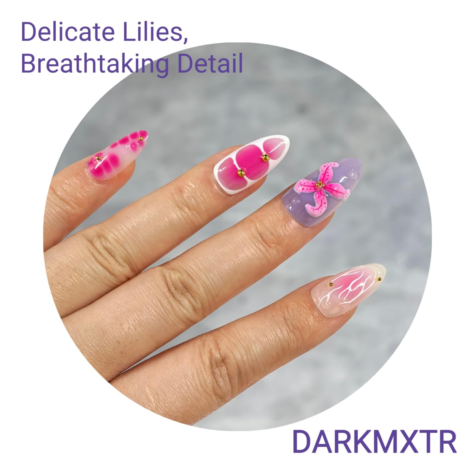 DARKMXTR 30Pcs 3D Floral Press On Nails | Pink & Purple Short, Lilac Bloom
