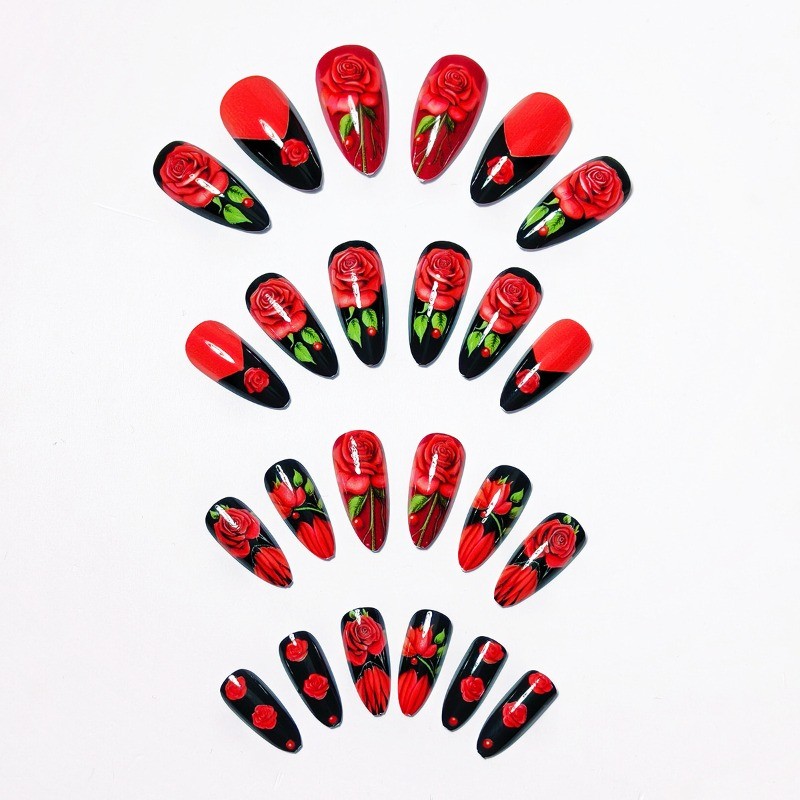 48PCS Long Almond Black 3D Red Rose Burgundy Nail Press Reusable Fake Nails