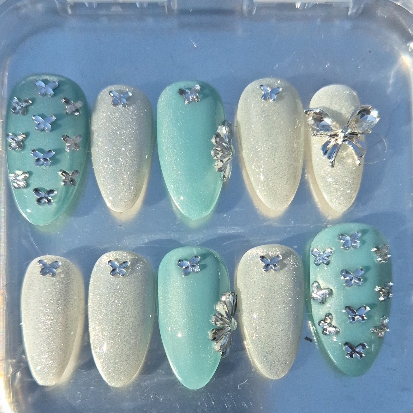 Silver Teal Butterfly 3D Almond Press-On Nails Set Pre-Designed Full Cover