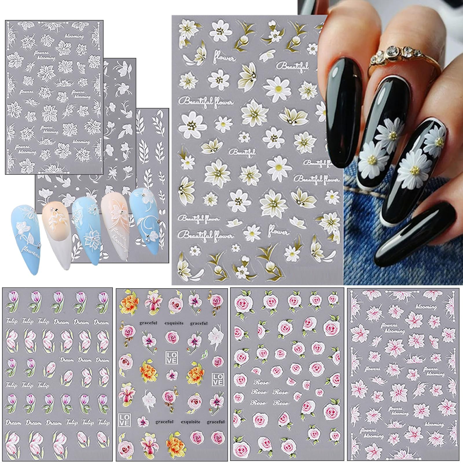8 Pcs Self-Adhesive Nail Stickers, 5D Embossed Engraved Flower Nail Art Stick…