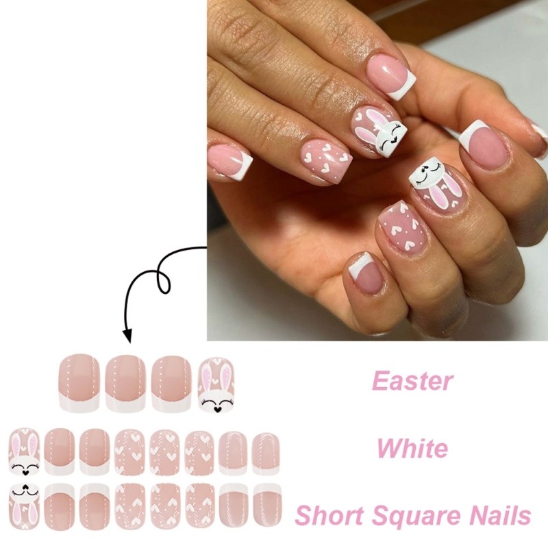 24 Pieces Short Square Press On Nail with Rabbit Designs Acrylic on Nail