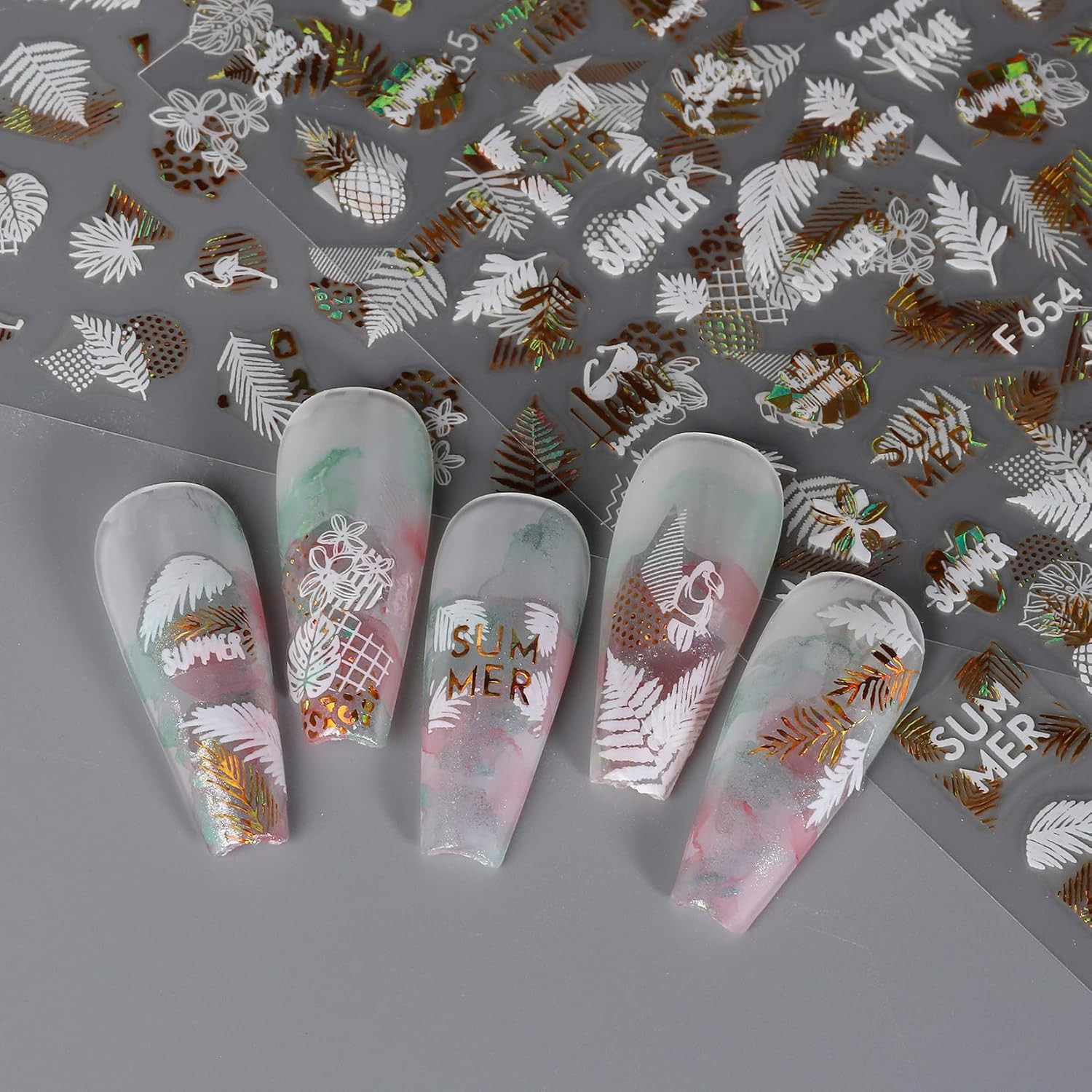 Leaves Nail Art Stickers 12 Sheets Metallic Gold Silver Palm Leaf Flamingo Na…