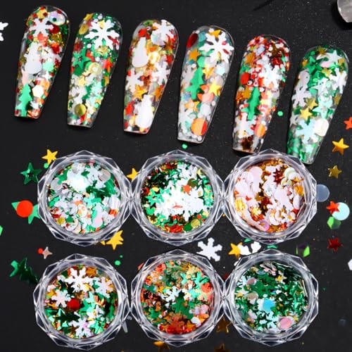 6 Box Christmas Nail Art Glitter Sequins Winter Xmas Tree Snowflake Stars Nail