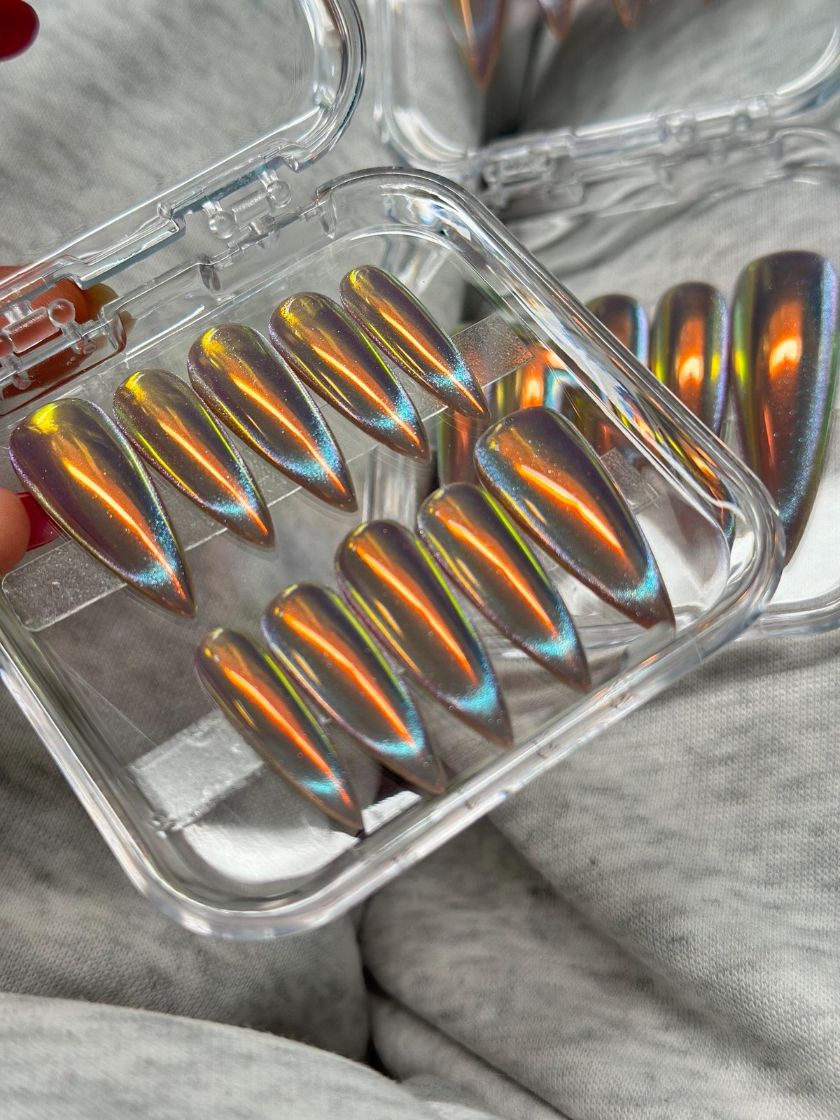 Custom Handmade Silver Holographic Chrome Long Stiletto Press on Nails