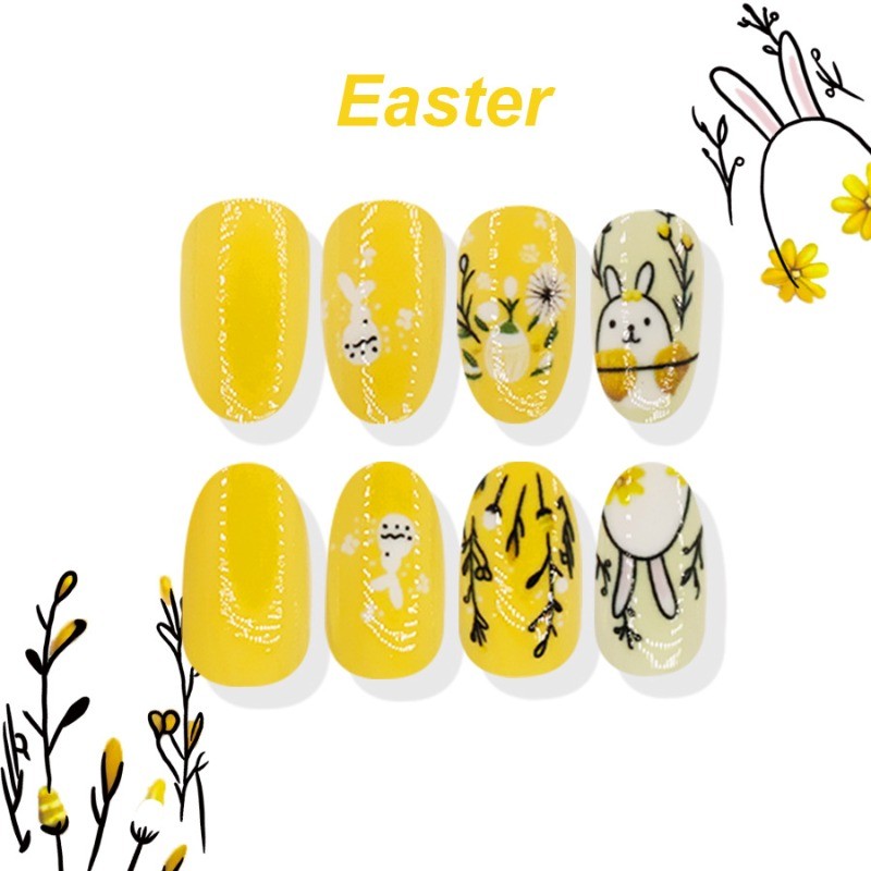 48PCS Oval Yellow Reusable Nail Art with Rabbit Egg Flower Fake Nails