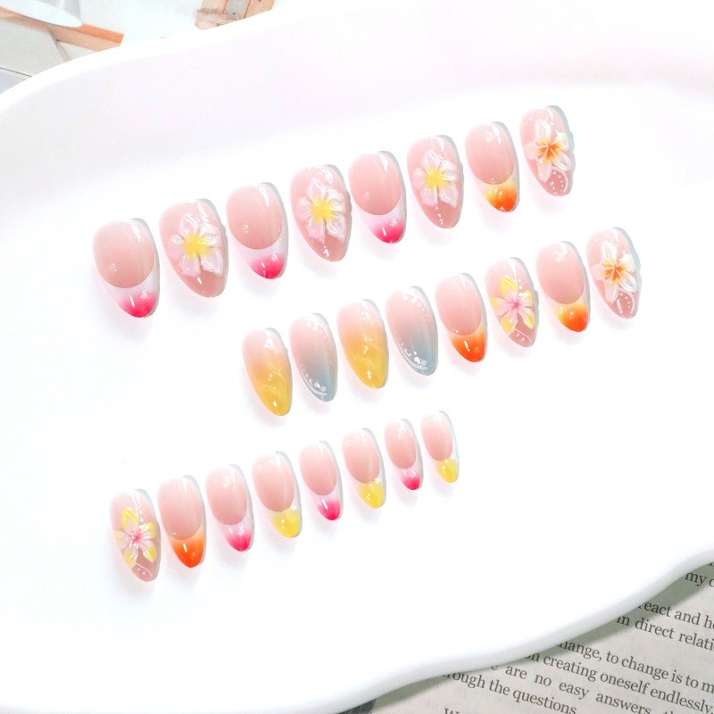 48Pcs-Gradient Orange Blue 3D Plumeria Almond Press on Nails Summer Fake Nails