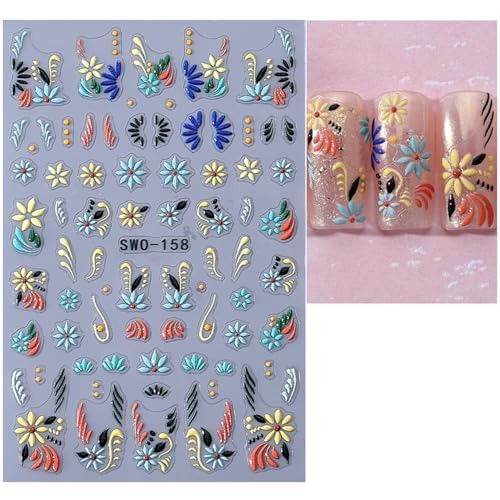 2 Sheets Flower Nail Art Stickers Decals 5D Embossed Flower Nail Art Stickers