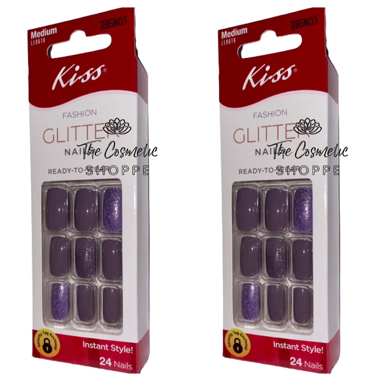 Kiss Fashion GLITTER Medium Length Glue On Heather Grey Nails (Plum Glitters) x2