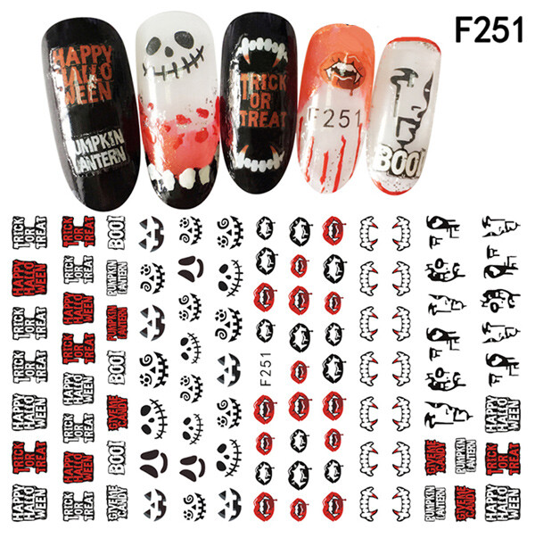 Nail Art Halloween Stickers Water Decals Snakes Goth Skull Pumpkin Scary Bats