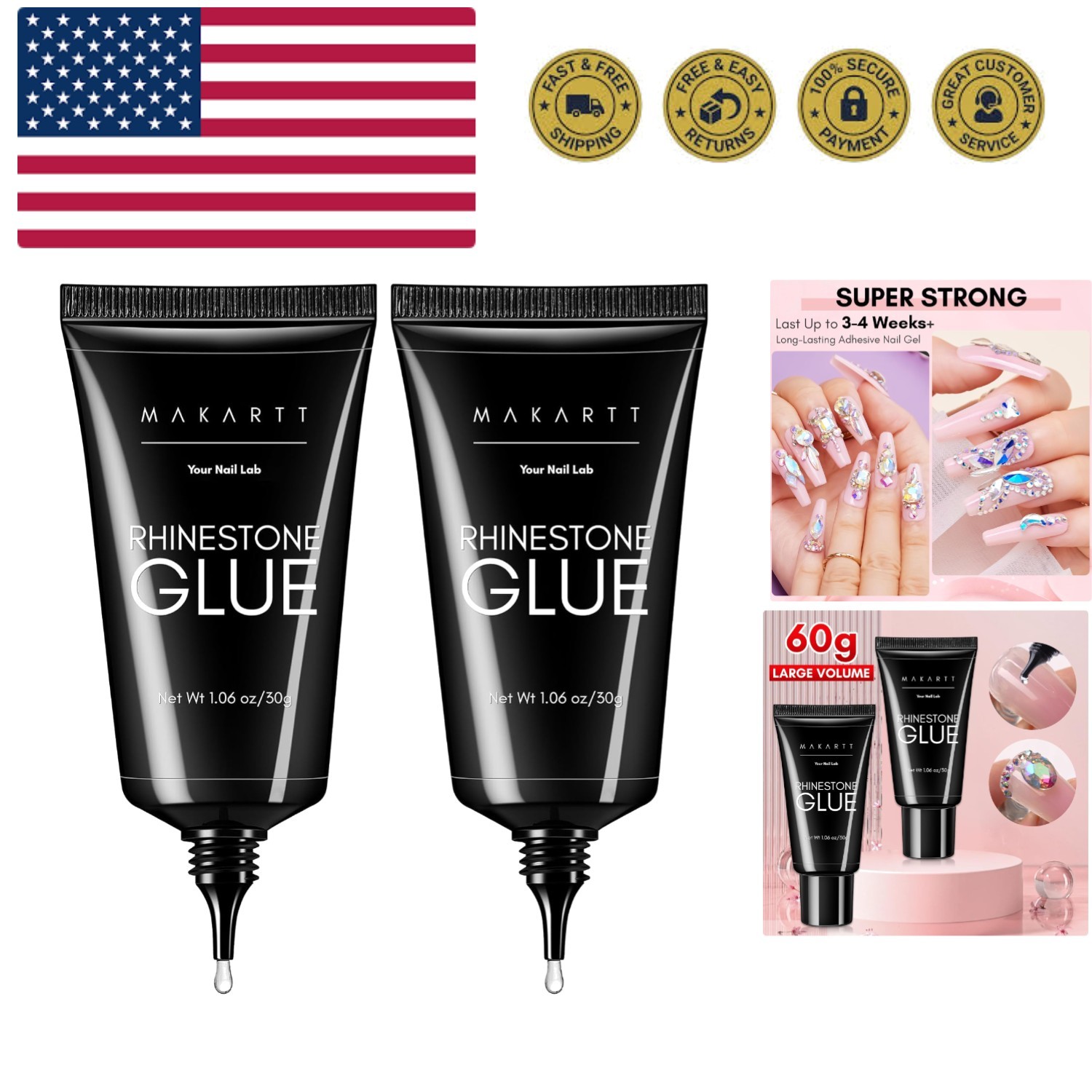 Nail Rhinestone Glue for Nails- 60ML Super Strong Gel Glue for Rhinestones, 3…