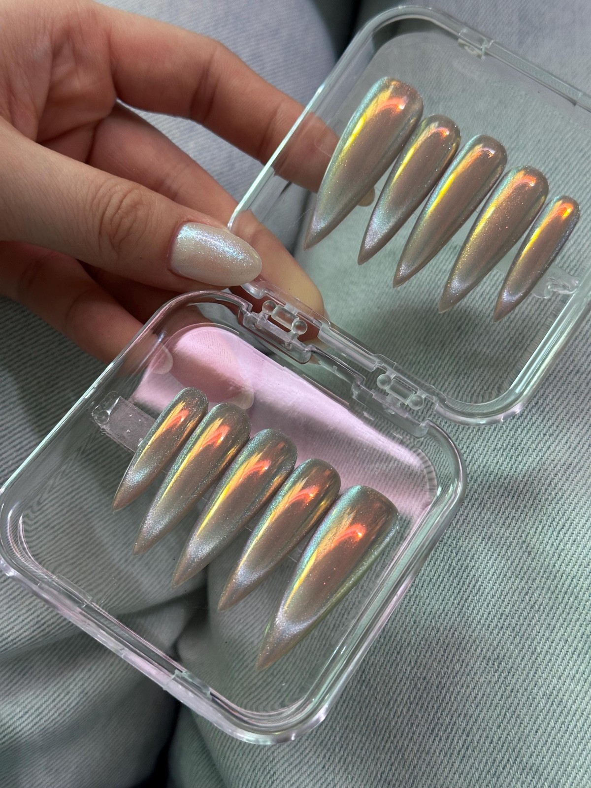Custom Handmade Silver Holographic Chrome Long Stiletto Press on Nails