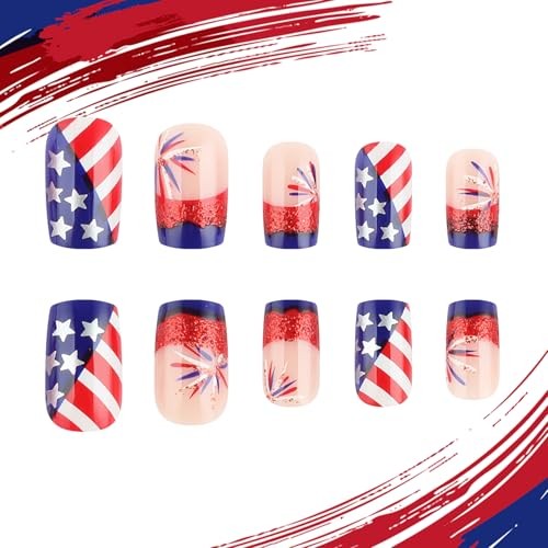24Pcs 4th of July Press on Nails – Short Square Fake – 14 Pieces