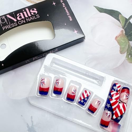 24Pcs 4th of July Press on Nails – Short Square Fake – 14 Pieces